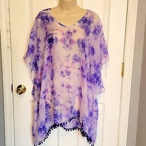 Sheer boho. Summer beachy tie dye pom pom swim cover up osfa